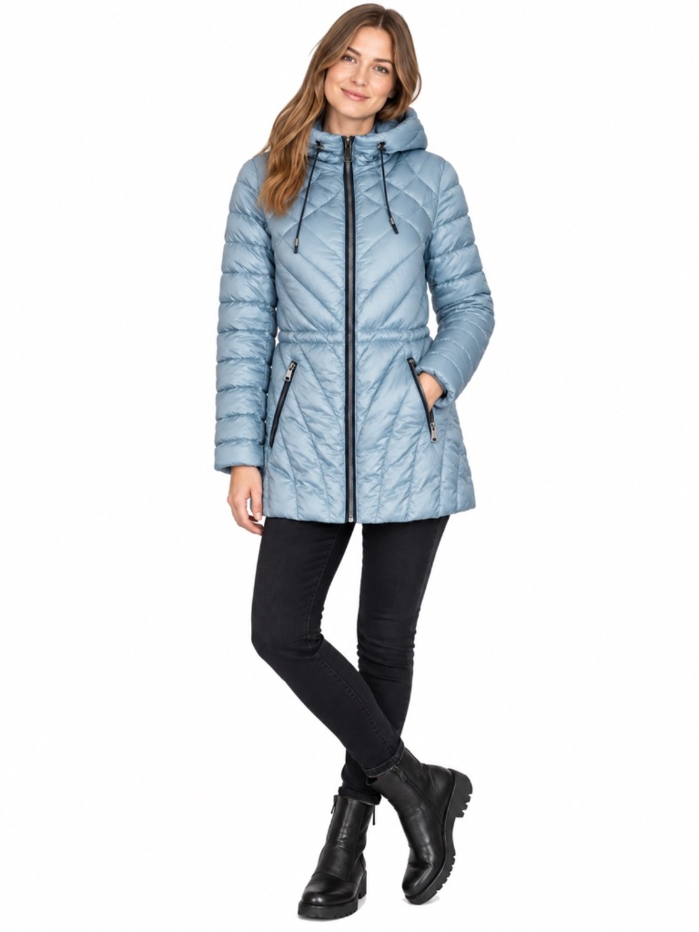 Bernardo Quilted Puffer Coat Jacket Ice Blue Hood Packable EcoPlume Recycled